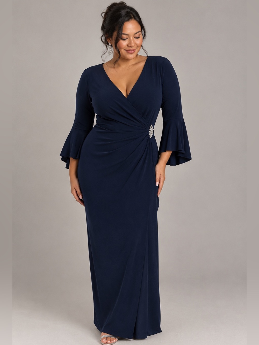 Elegant Lauren Ralph Lauren Navy Wrap Maxi Dress with Side Brooch